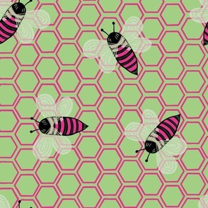 Large - Busy Pink Bees with Magenta Pink Honeycomb on Sage Green 
