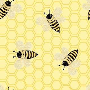 Large - Busy Yellow Bees with Yellow Honeycomb on Cornsilk Yellow 