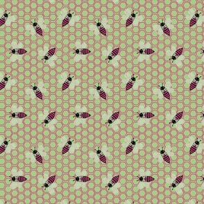 Small - Busy Magenta Pink Bees with Pink Honeycomb on Sage Green