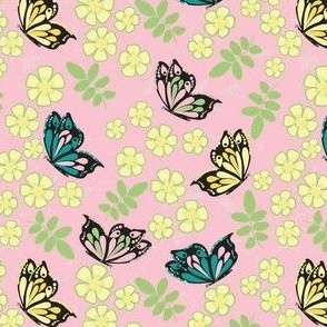 Medium - Flutter Butterflies Yellow Pink Aqua on Pale Pink