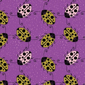 Large - Mustard and Pale Pink Lady Beetle Dance on Purple
