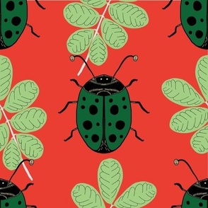 Large - Emerald Green Lady Beetle with Sage Green leaves on Red