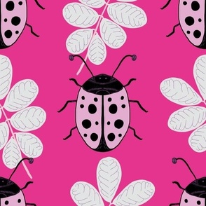 Large - Pink Lady Beetle with Grey Leaves on Magenta Pink 