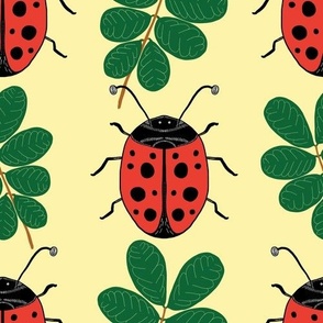 Large - Red Lady Beetle with Emerald Green Leaves on Cornsilk Yellow