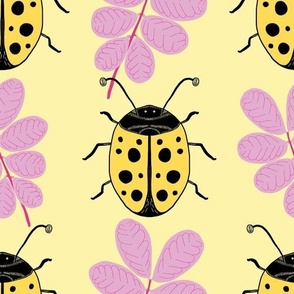 Large - Yellow Gold Lady Beetle with Pale Pink Leaves on Yellow