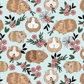 Springtime flower garden - guinea pigs roaming around the fields adorable pets with carrots pink caramel green on soft mist blue