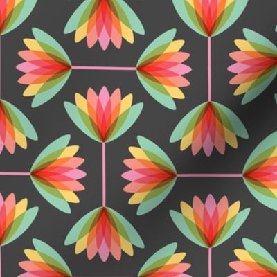 Small scale / Ombré rainbow lotus florals on gray black / multicolored abstract pastel watercolor flowers in green yellow orange pink and dark grey background / retro geometric vintage tropical lily nursery art deco