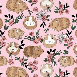 Springtime flower garden - guinea pigs roaming around the fields adorable pets with carrots pink caramel on blush