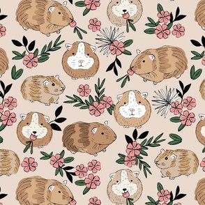 Springtime flower garden - guinea pigs roaming around the fields adorable pets with carrots pink caramel on tan beige vintage girls palette