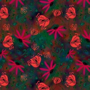Vibrant dopamine dressed whimsical dark and moody scattered tossed flowers, leaves buds  in red and green hues 6” repeat 