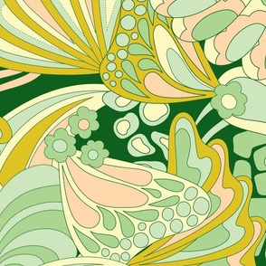 60s retro abstract animal print featuring butterfly wings, giraffe, zebra and cheetah in green, peach, mustard yellow and mint