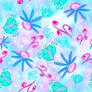 Summer scattered tossed whimsical flowers and leaves buds turquoise, pink and blue 12” repeat 
