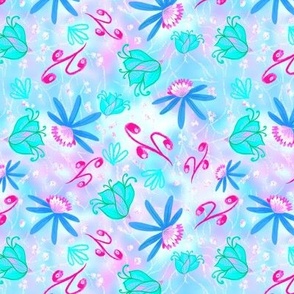 Summer scattered tossed whimsical flowers and leaves buds turquoise, pink and blue 6” repeat 