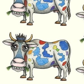 quirky rainbow cow, medium large scale, ivory soft white cream ecru off neutral white pearl red orange yellow green blue indigo violet pink black and white farm cute whimsical
