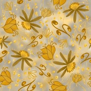 Golden  yellow and honeycomb  tossed scattered whimsical  flowers, leaves and seed heads, on grey cream shaded background  12”  repeat