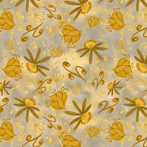 Golden  yellow and honeycomb  tossed scattered flowers, leaves and seed heads, on grey cream shaded background  6” repeat