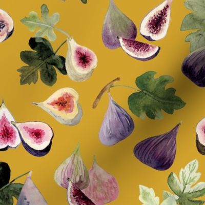 Watercolor Figs on Mustard Yellow Background