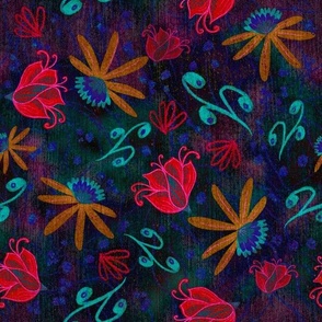 Dark academia moody tossed scattered whimsical flowers in moody textured velvet effect 12” repeat deep blues and reds  and textured leaves