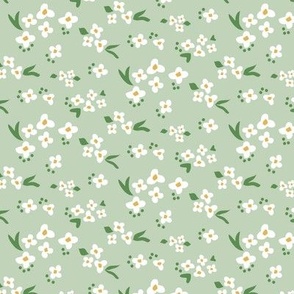 Doll House Tossed White Floral on Pastel Green Wallpaper Small Scale