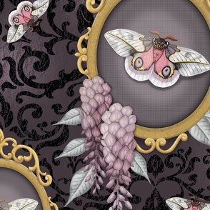 Pink Moth in Gold Frame Damask - Large