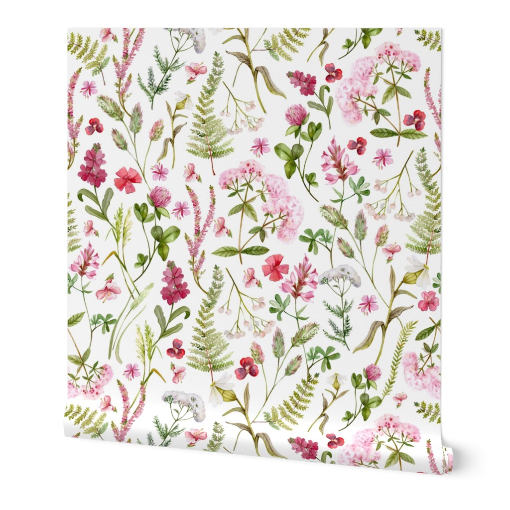 14" A beautiful cute pink midsummer flower garden with pink wildflowers,ferns and grasses on white background-for home decor Baby Girl  and  nursery fabric perfect for kidsroom wallpaper,kids room
