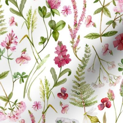 14" A beautiful cute pink midsummer flower garden with pink wildflowers,ferns and grasses on white background-for home decor Baby Girl  and  nursery fabric perfect for kidsroom wallpaper,kids room
