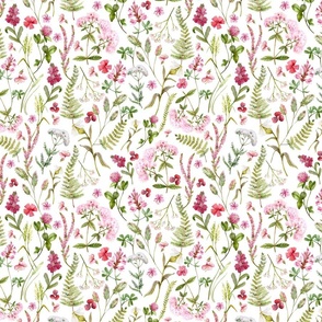 10" A beautiful cute pink midsummer flower garden with pink wildflowers,ferns and grasses on white background-for home decor Baby Girl  and  nursery fabric perfect for kidsroom wallpaper,kids room