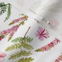 Turned left 18" A beautiful cute pink midsummer flower garden with pink wildflowers,ferns and grasses on white background-for home decor Baby Girl  and  nursery fabric perfect for kidsroom wallpaper,kids room