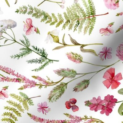 Turned left 18" A beautiful cute pink midsummer flower garden with pink wildflowers,ferns and grasses on white background-for home decor Baby Girl  and  nursery fabric perfect for kidsroom wallpaper,kids room