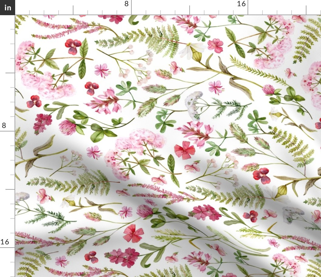 Turned left 18" A beautiful cute pink midsummer flower garden with pink wildflowers,ferns and grasses on white background-for home decor Baby Girl  and  nursery fabric perfect for kidsroom wallpaper,kids room