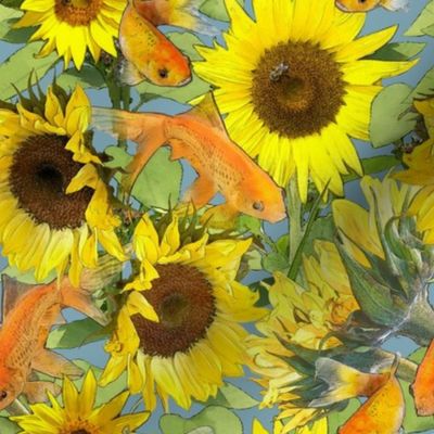 Goldfish in the Sunflowers, on soft blue