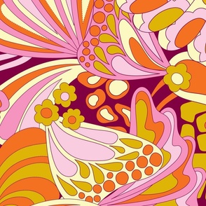 60s retro abstract animal print featuring butterfly wings, giraffe, zebra and cheetah in pink, yellow, orange