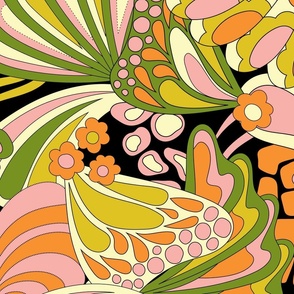 60s retro abstract animal print featuring butterfly wings, giraffe, zebra and cheetah in green, pink, orange and yellow