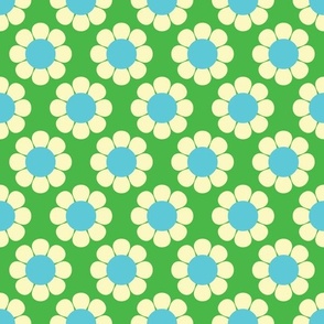 60s Retro Floral in Bright Blue on a Grass Green Background