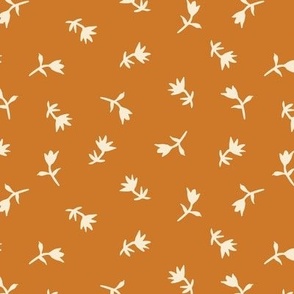 Tossed Flower Silhouettes - yellow ochre on cream - L large scale - burnt orange
