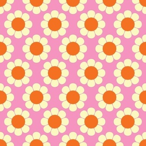 60s 70s Retro Flowers in Tangerine Orange and Vanilla White on Bright Pink Background