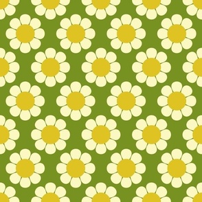 60s 70s Retro Flowers in Mustard Yellow on a Green Background
