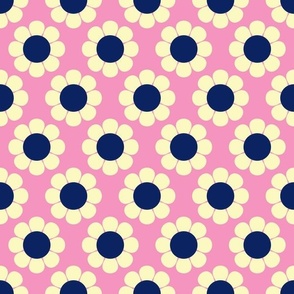 60s 70s Retro Flowers in Pale Pink and Navy Blue