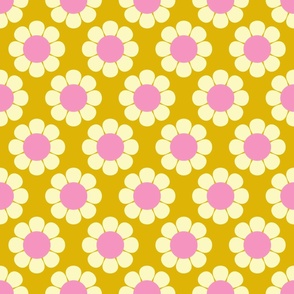 60s 70s Retro Flowers in Carnation Pink on a Mustard Yellow Background
