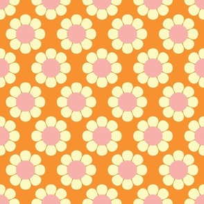 60s 70s Retro Flowers in Pale Pink and Vanilla White on Tangerine Orange Background