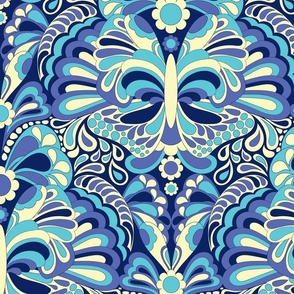 Retro damask featuring butterflies in various shades of blue.
