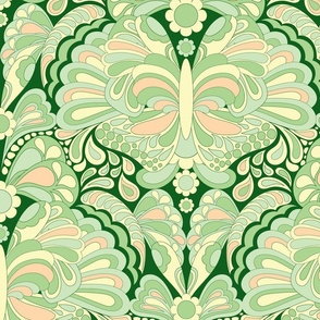 Retro butterfly damask in peach and green.