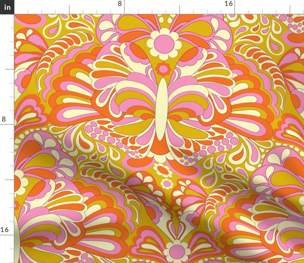 Retro butterfly damask in carnation pink, mustard yellow and orange