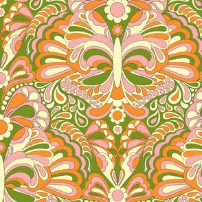 Retro damask featuring butterflies in olive green, tangerine orange and carnation pink.