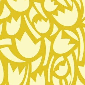 Matisse-inspired cut-out flowers and abstract  geometric shapes in ivory white on a mustard yellow background