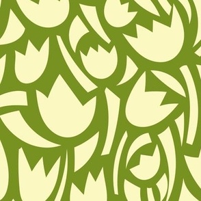 Simple matisse-inspired cut-out flowers and geometric shapes in ivory white on artichoke green background