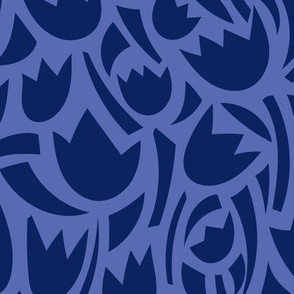 simple Matisse-inspired cut-out flowers and geometric shapes in midnight and periwinkle blue