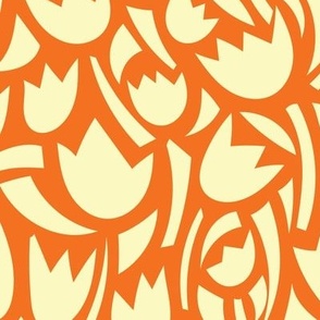 Matisse-inspired cut-out flowers and abstract  geometric shapes in ivory white on a tangerine orange background