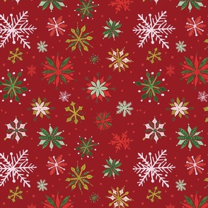 Christmas Snowflakes on Red Background