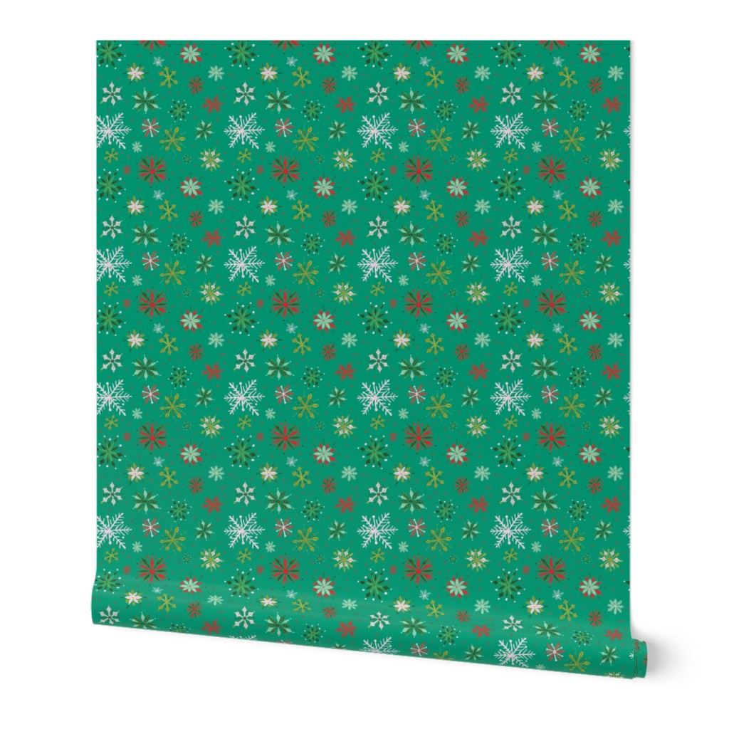 Christmas Snowflakes on Green Background